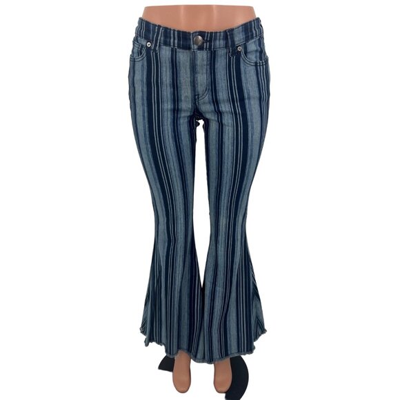 RARE NWT Free People Blue Stripe Super Flare Bell Bottom Jeans Boho Hippie Retro - Picture 3 of 16